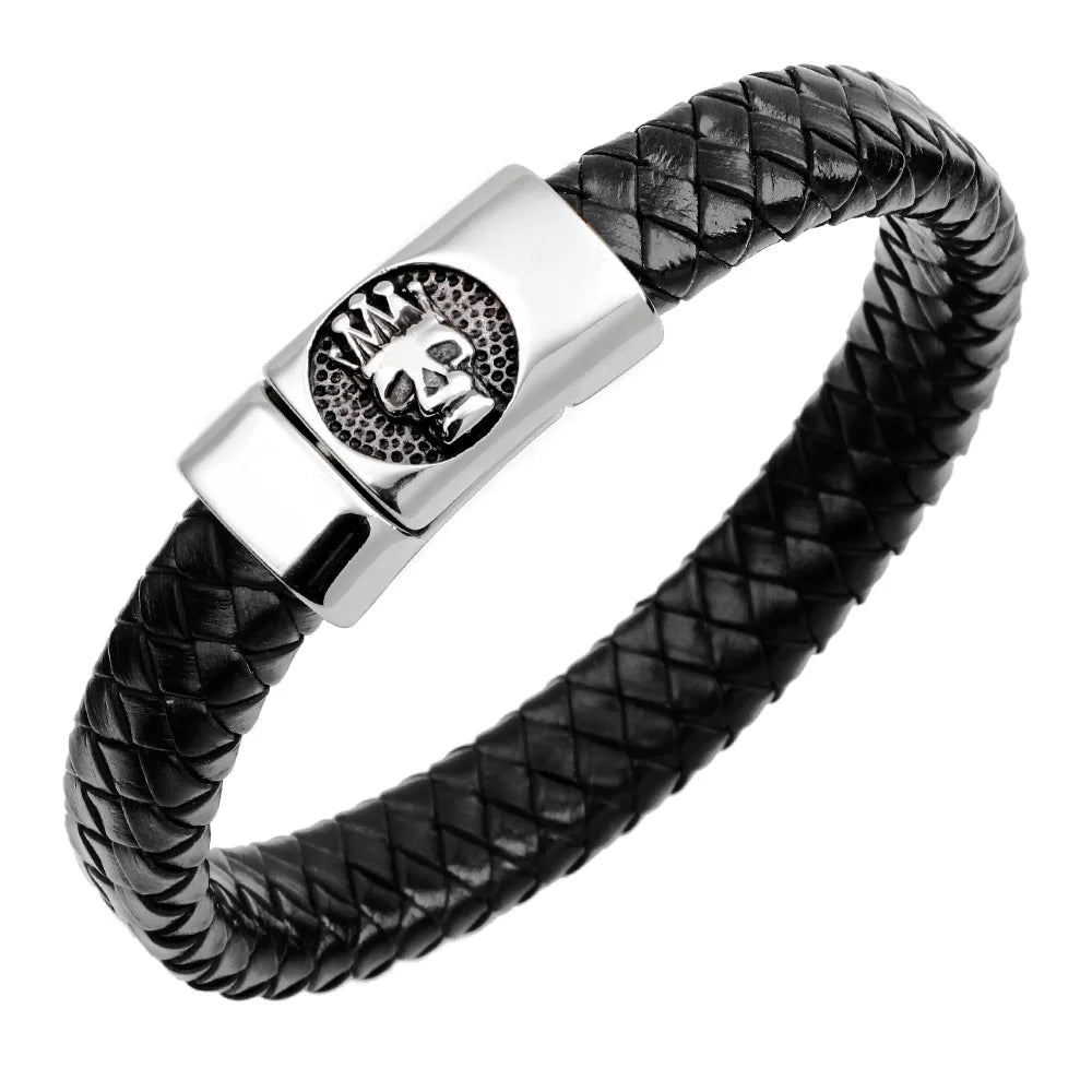 Skeleton King Men's Leather Bracelet with Mexican Skulls Black Skull Alloy Ball Stainless Steel Charm ZG Jewelry Chains Type