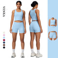 Women Solid Color Gym Workout 2 Piece Suit With Breast Pads Sport Bra Cycling Running Pocket Shorts Leggings Yoga Set for Ladies