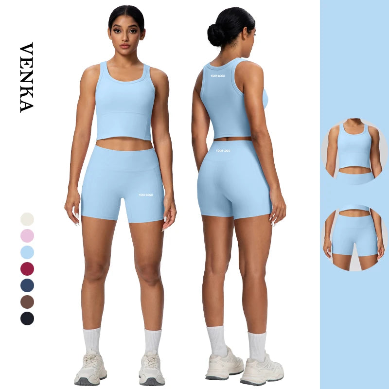 Women Solid Color Gym Workout 2 Piece Suit With Breast Pads Sport Bra Cycling Running Pocket Shorts Leggings Yoga Set for Ladies