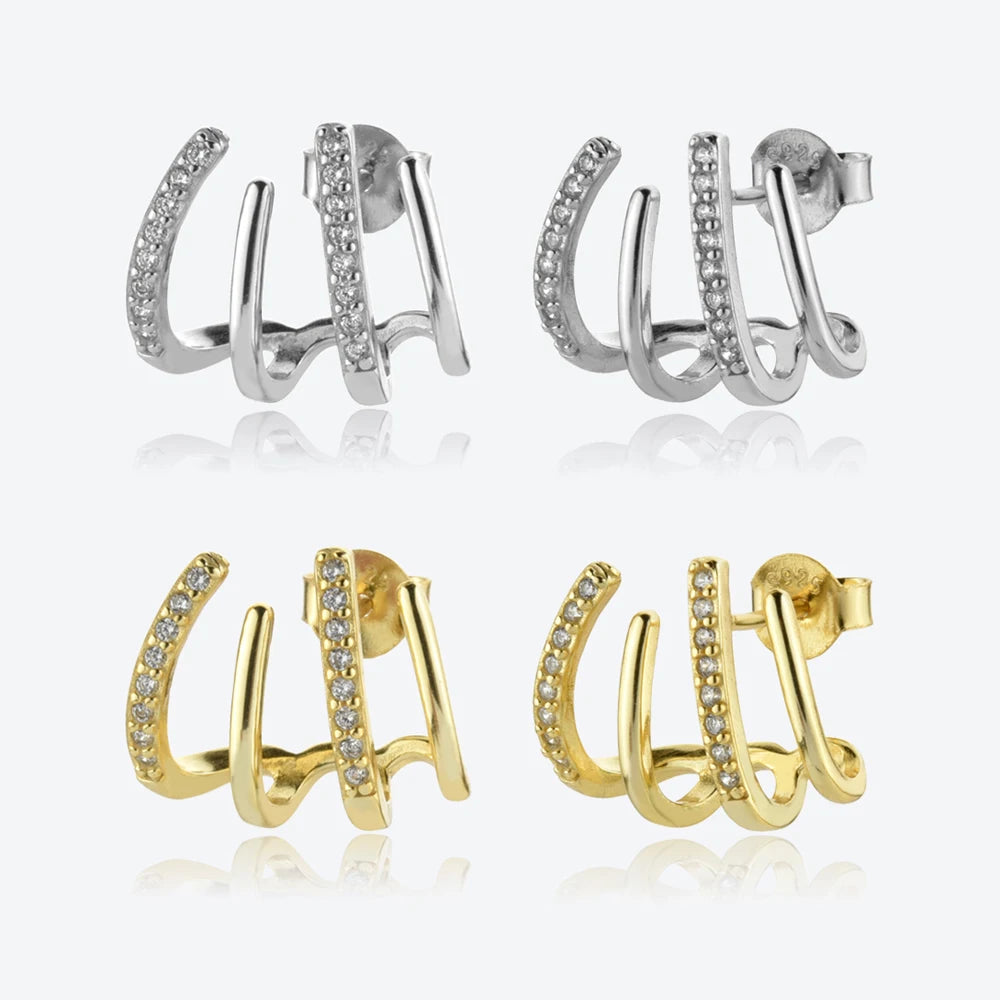FUAMAY Aretes De Plate 925 Stud Earrings for Women 18K Gold Plated Multi-layered Line C-Shaped Earrings