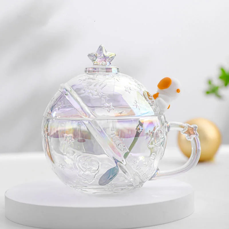 Colorful Planet Glass Cup with Handle Lid Spoon High-value Ball-shaped Water Cup