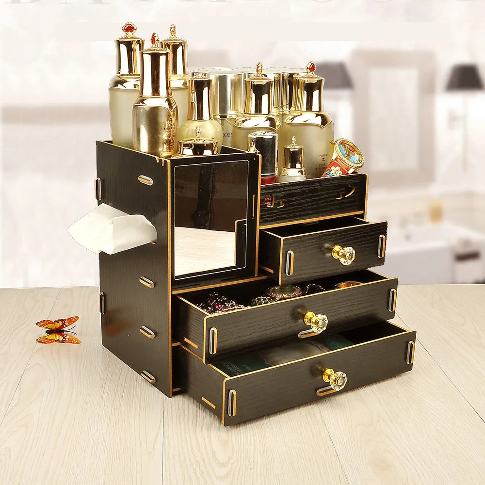 Large Wooden Desktop Cosmetics Collection Box Mirror South Korea Drawer Type Rearrangement of Wooden Boxes