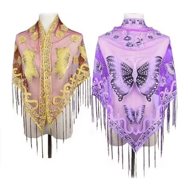Beautiful butterfly Style Shawl Triangle Polyester Lace Tassels Hijab Embroidery Scarf for Woman Twill Weave Beach Shawl