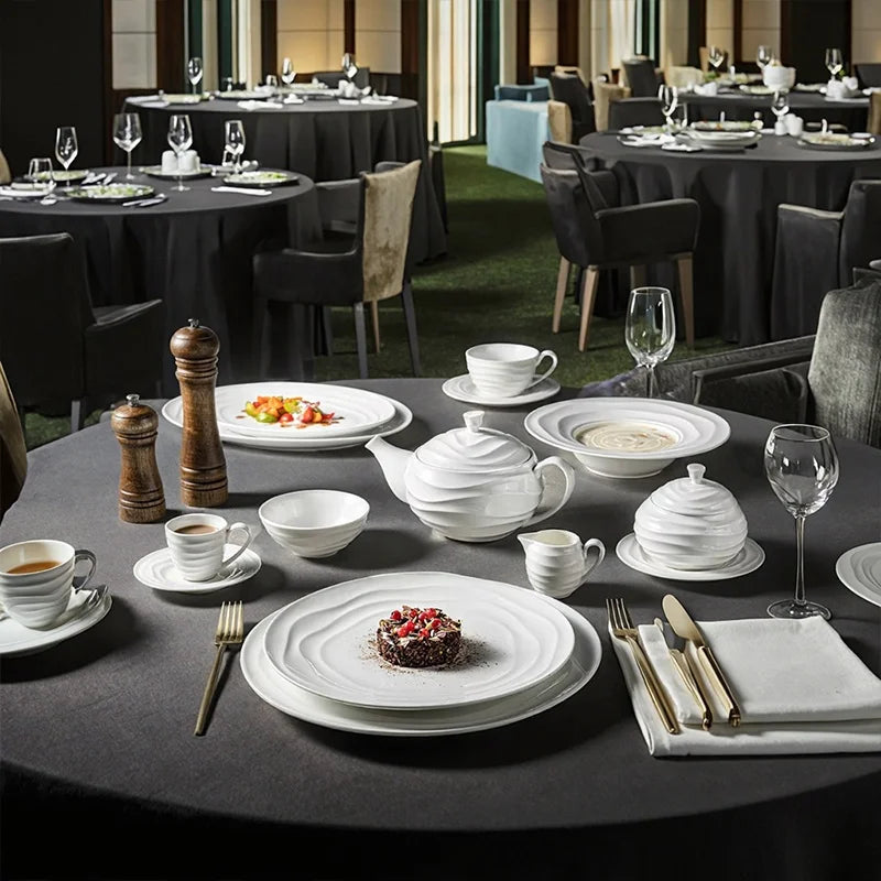Nordic Luxury Dinnerware Set Hotel Restaurant Tableware Crockery White Wave Ripples Stoneware Dinner Dishes Plates