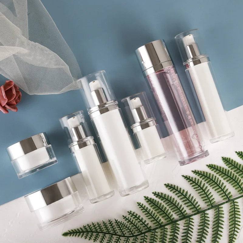 Customs logo Luxury 30g 50g 15ml 30ml 50ml 100ml 120ml Acrylic Crystal White Bottle and Jar with Silver Cap and Pump Head MegaBDM