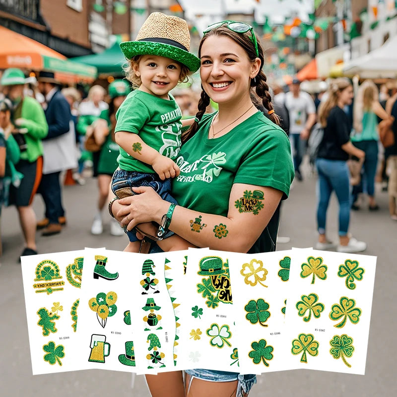 Hot Selling St. Patrick's Day Waterproof Clover Tattoo Sticker Irish Holiday Glitter Temporary Body Art for Face Decoration