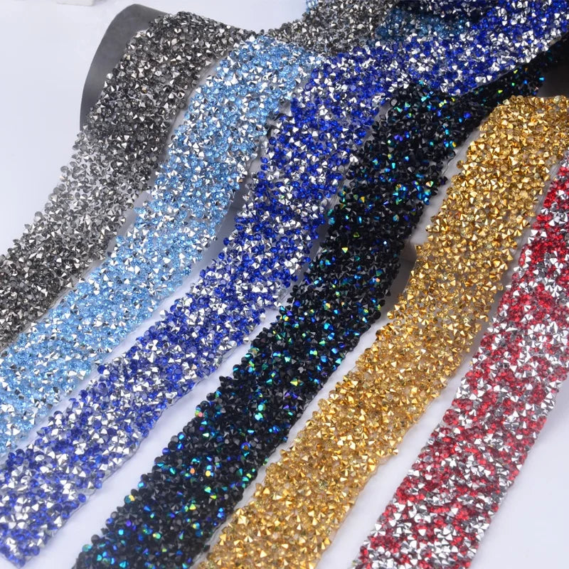 3cm Glitter Resin Rhinestone Tape Trim Hot Fix Strass Chain Banding Crystal Ribbon Strip for Wedding Dress Applique Clothing