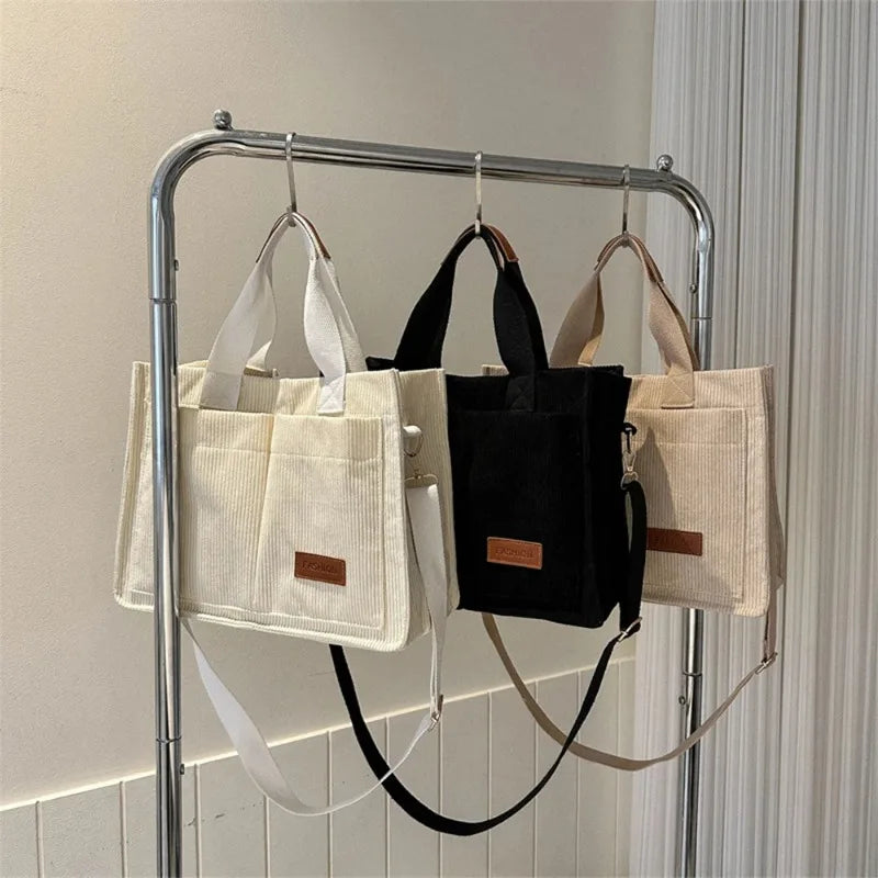 Fashion Multi Pocket Women's Shoulder Bags Casual Ladies Corduroy Handbags Tote Letter Patch Decoration Female Crossbody Bag