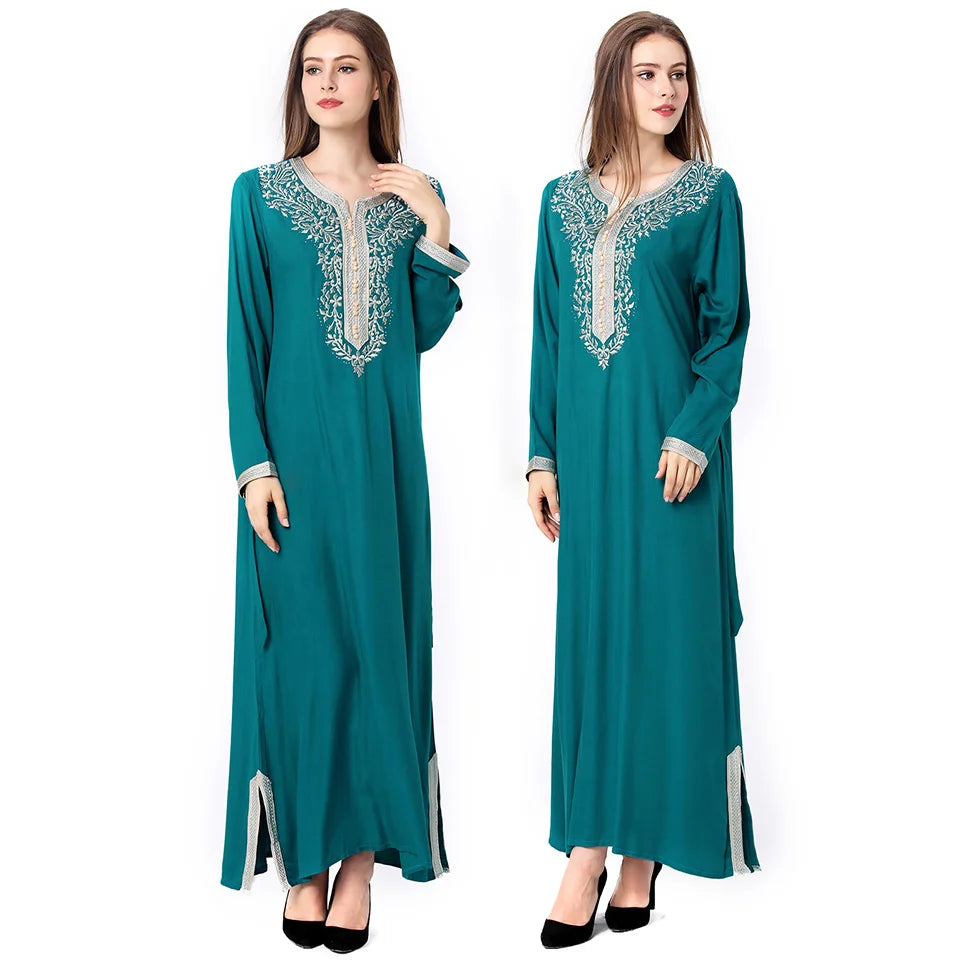 Luxury Women Ramadan Embroidery Elastic Wear Long  Sleeves Islamic V Neck Clothing Jilbab Prayer Abaya Muslim Party Dress