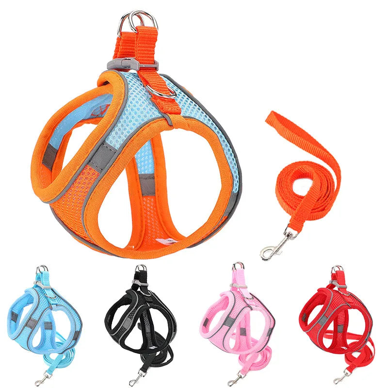 Solid Color Breathable Mesh Chest Back Adjustable Reversible Pet Dog Harness with Leash