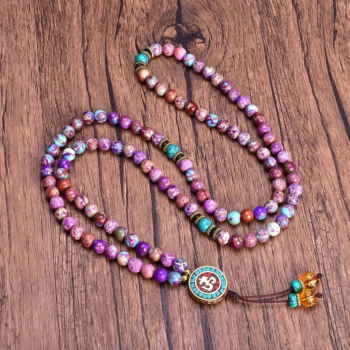8mm 108 Mala Stone Beaded Necklaces/Bracelet Purple Emperor Jasper Pendant Yoga Meditation Mala Prayer Bead Necklace for Women