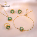 Popular Micro-pave Zircon Emerald Sunflower Rotating Clavicle Chain Earrings and Ring Jewelry Set