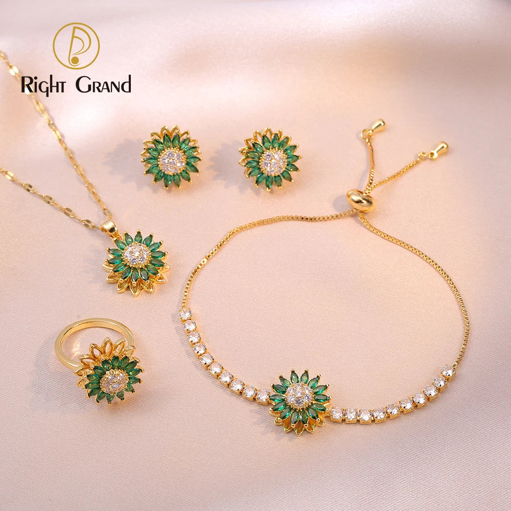 Popular Micro-pave Zircon Emerald Sunflower Rotating Clavicle Chain Earrings and Ring Jewelry Set