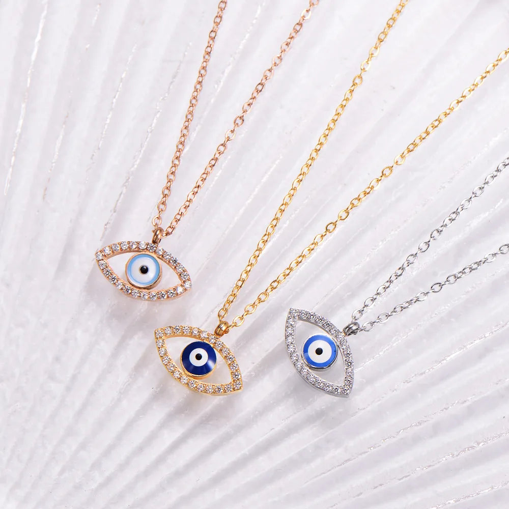 Bulk Simple 18k Gold Plated Stainless Steel Pendant Evil Eye Diamond Necklace