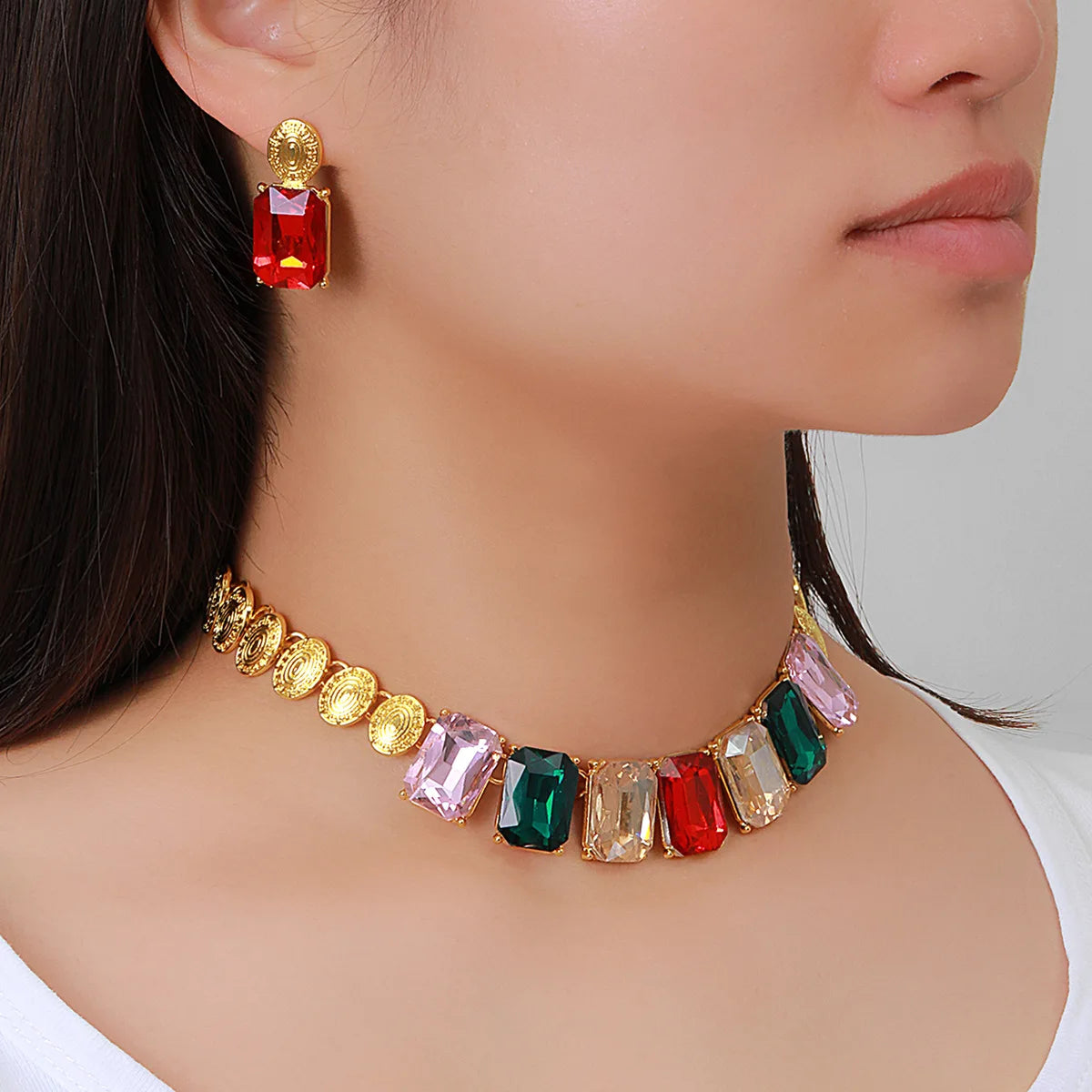Minimalist Square Crystal Gemstone Necklace Earrings Set Exaggerated Alloy Jewelry Women's Trendy Gift for Weddings Parties