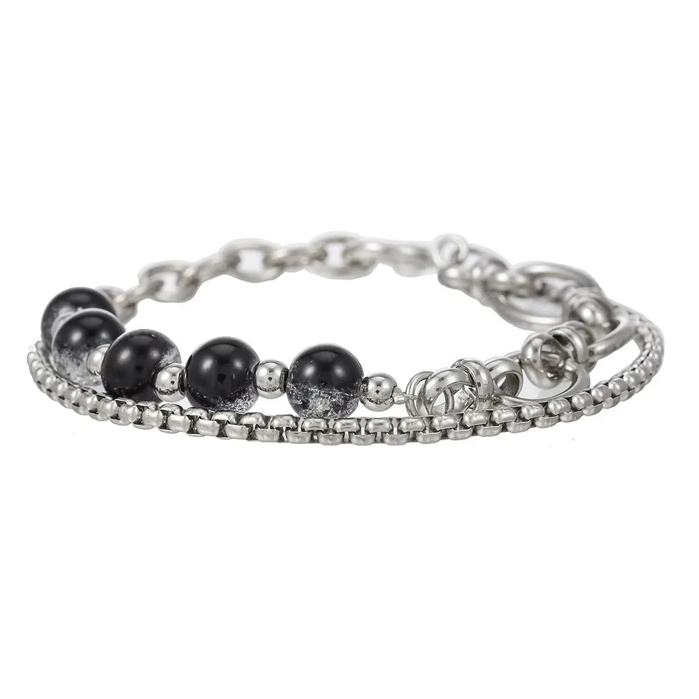 Hot Selling Double-Layer Stainless Steel Chain Ice Cracked Bead Splicing Bracelet for Men's Hip-Hop Bracelets