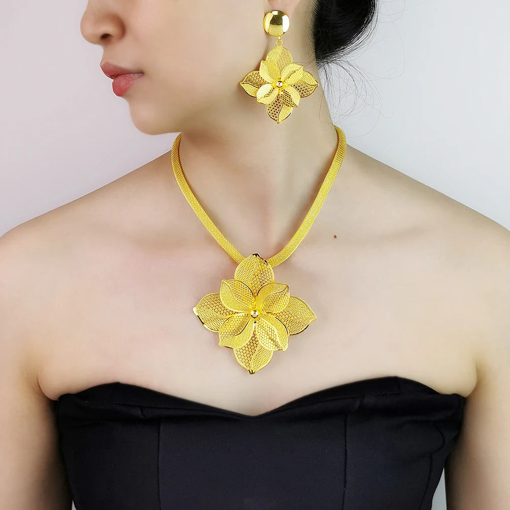 3pcs Earrings Plus Necklace Dupes Luxury Jewelry Set Trendy Flower Design Plated Match Daily Outfits Party Accessories