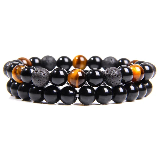 Men Bracelet lava Rock Stone tiger Eye Beads Black Agate Beaded Elastic Bracelet for Men