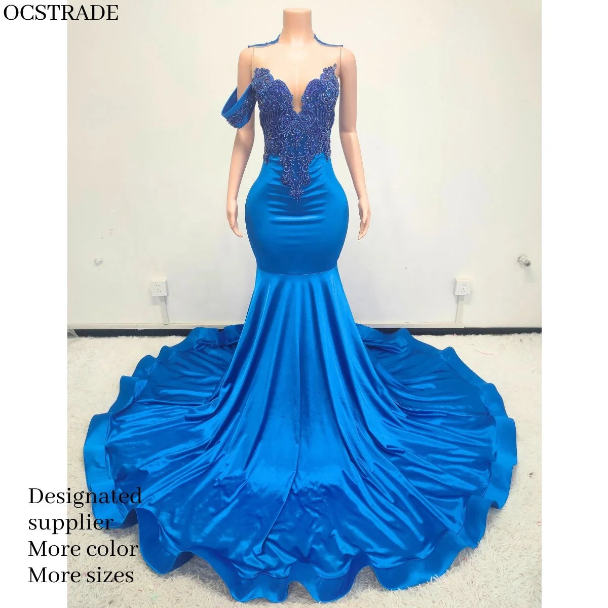 Ocstrade Luxury Custom V Neck Open Back Royal Blue Rhinestone Applique Ball Gown Long Prom Dresses Elegant Party Evening Dress