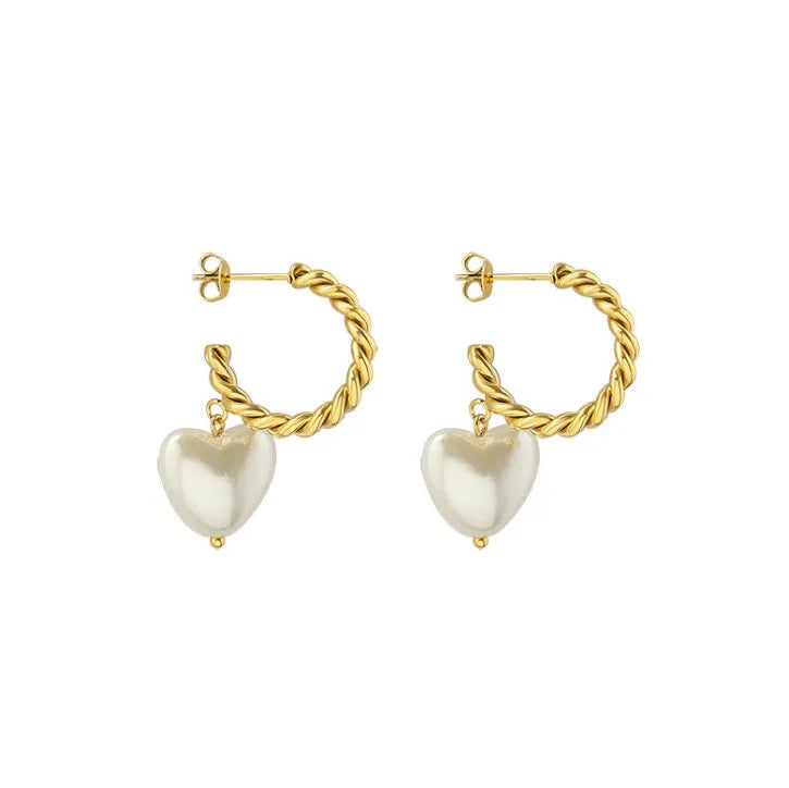Hot Selling Heart Shape Pearl Charm Stainless Steel Braided Twisted C Shape Hoop Earrings
