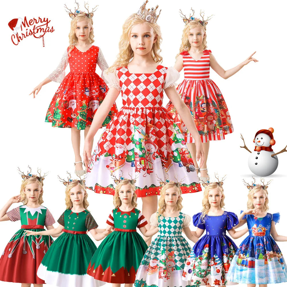 3-10 Years Girl Christmas Party Dress for Kids Girls Printed Stripe Xmas Cosplay Costume Fancy Children Princess Clothes