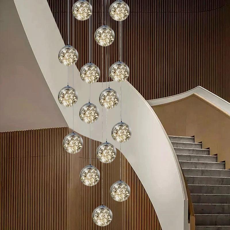 Staircase Ceiling Lamp Glass Ball Aluminum Wire Led Chandelier Indoor Villa Living Room Restaurant Star Effect Pendant Lighting