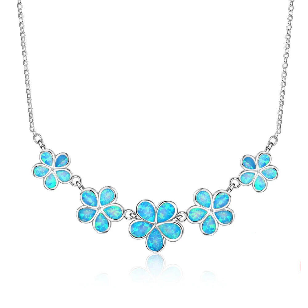 Ocean Blue Fire Opal Sea Flower Design Link Chain Necklace & Pendants 925 Sterling Silver for Engagement Weddings or Parties