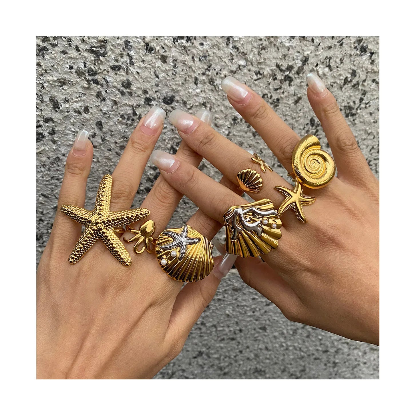 ERESI New HOT Ins 18k PVD Gold Plated Stainless Steel High End Vintage Starfish Zircon Ring Set Beach Star Ring Holiday Jewelry