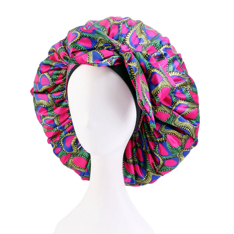 Hot Selling New Ankara Design Reversible Satin Bonnet with Tie Elastic Band for Daily Use Hair Satin Wraps