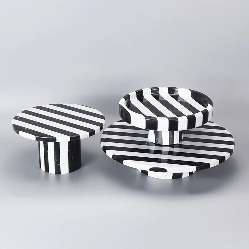 Modern Luxury Striped Round Marble Stone Wedding Dessert Cake Stand Nordic Style Marble Wedding Fruit Cake Stand