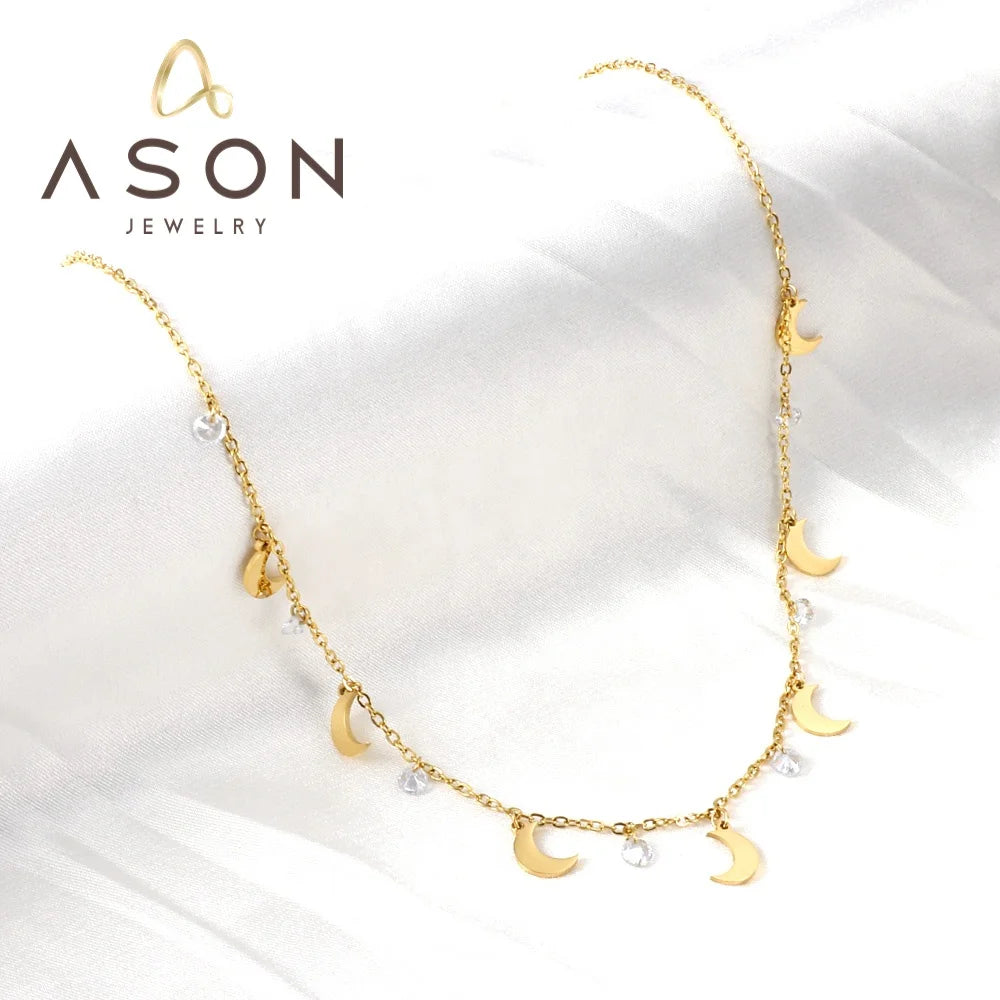Ason 2023 New Fashion Stainless Steel Jewelry Necklace 7 Moon Accessories 7 Diamond Necklace for Women