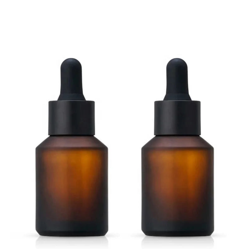 Skin Care Packaging Serum Bottle 15ml 30ml Frosted Amber Slanted Shoulder Essential Oil Glass Bottle with Matte Black Dropper