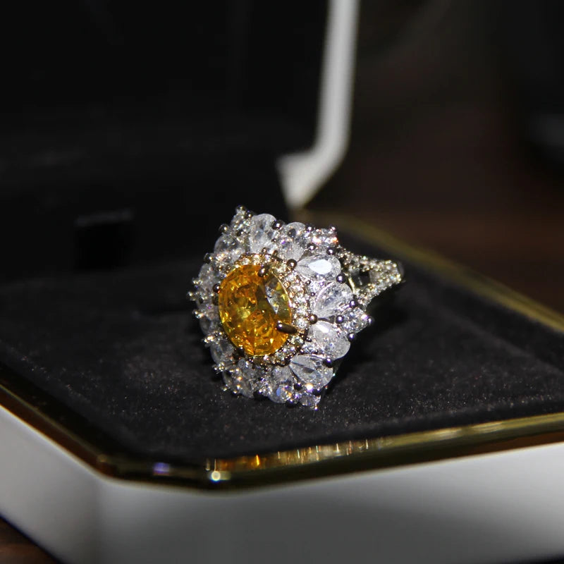 18K White Gold Natural Yellow Flower Shape Diamond Ring Classic Style Fine Jewelry for Women's Wedding