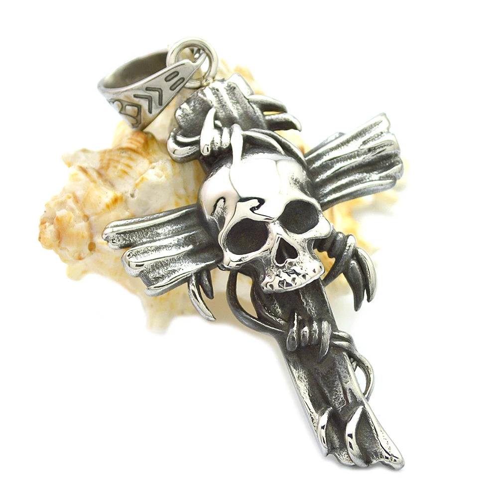 Custom Stainless Steel Broken Skull Santa Muerte  Large Cross Pendant Skull Cross Mason Jewelry