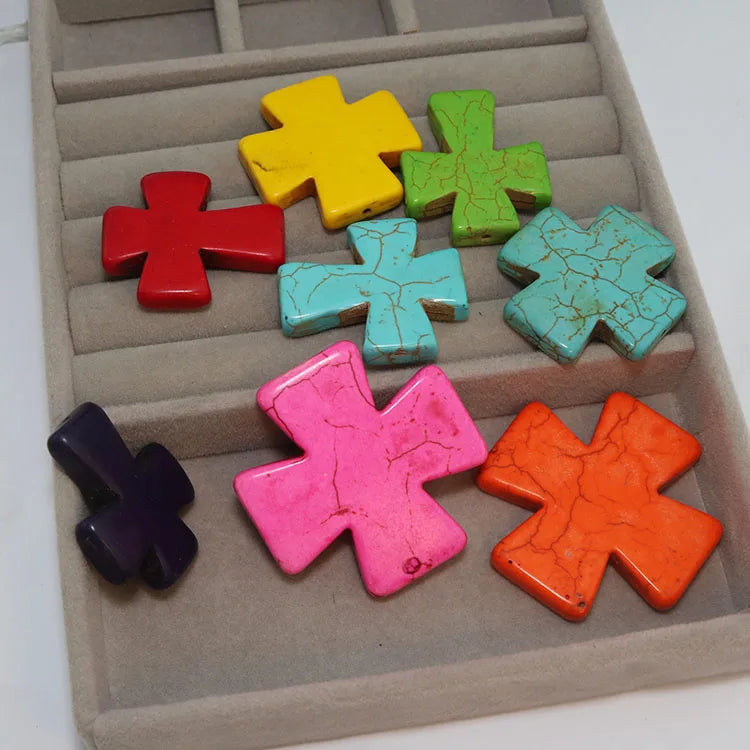 TB0880 Chunky Large Big Multi Colored Colorful Howlite Turquoise Stone Gemstone Cross Focal Beads Religious Beads