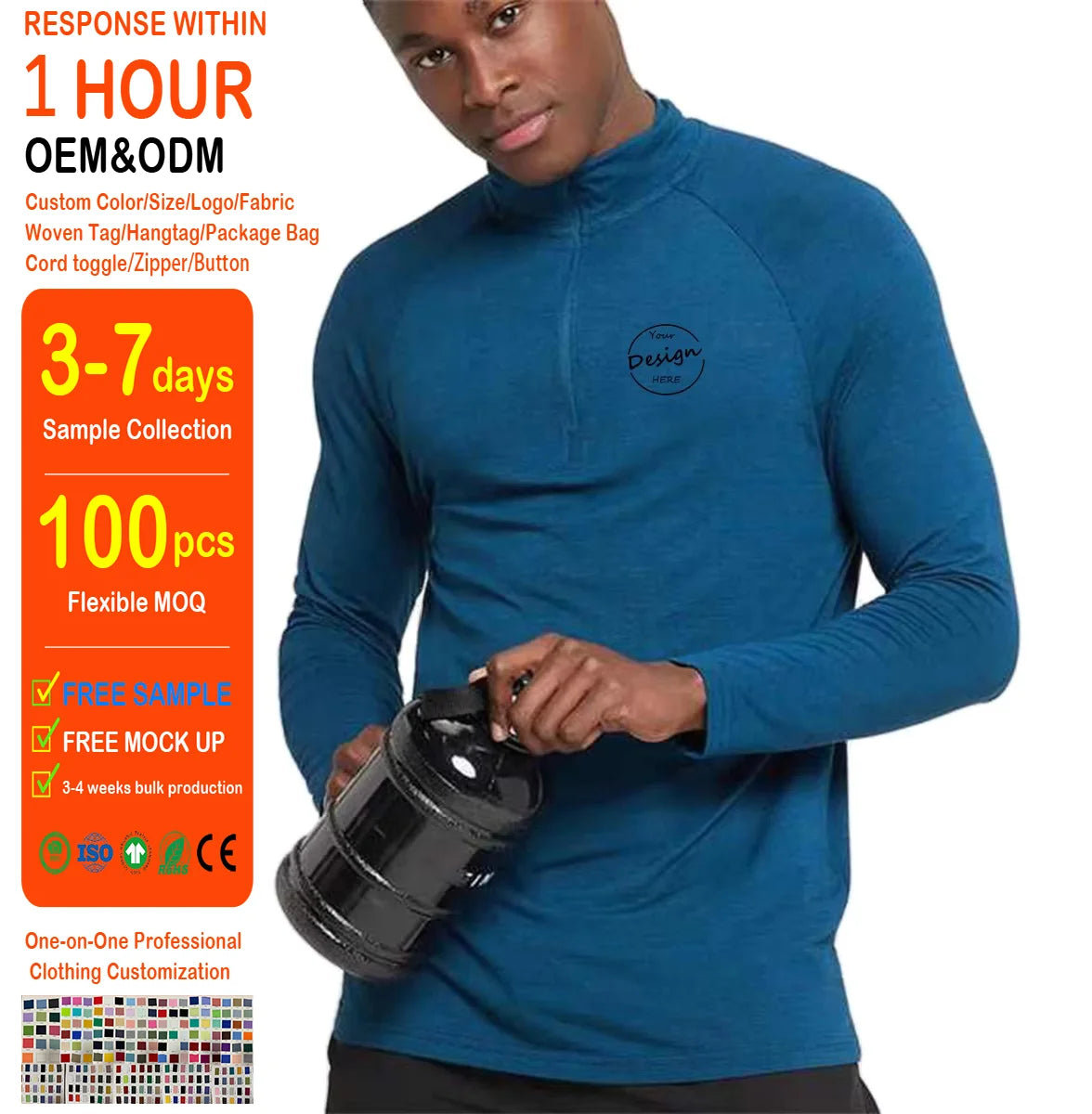 Bulk Spring Long Sleeves Sports Running T Shirts Gymwear Polyester Spandex 1/4 Quarter Zip Pullover Fitness T Shirts for Men