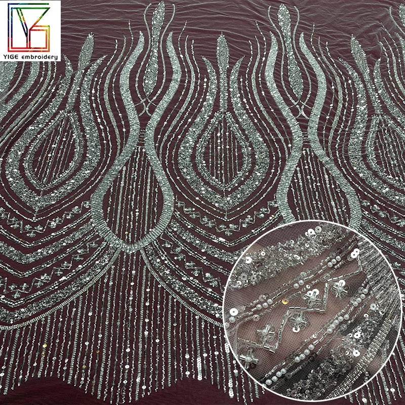Bridal Lace Fabric Heavy Beaded Beads Net Laces 100% Polyester French Dress Beaded Sequined Embroidery Tulle Lace Fabric