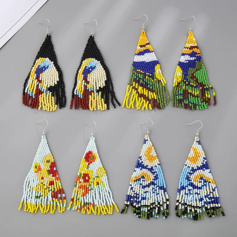 Bohemian Handmade Beaded Earrings Irregular Colorfully Woven Girl Flower Sky Tassel Pendant Earrings