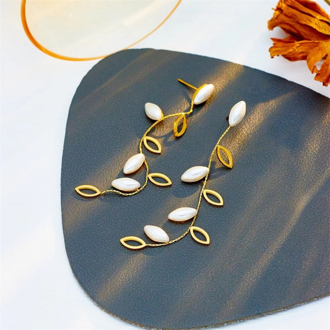 Trendy Stainless Steel Waterproof 18K Gold Plated Stainless Steel Pearl Long Tassel Leaf Earrings for Women