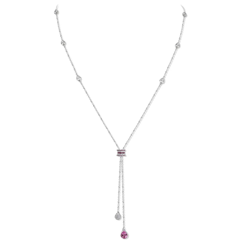 2025 Newest Design 7x9mm Lab Created Pink Sapphire 925 Silver Long Tassel Chain Necklace