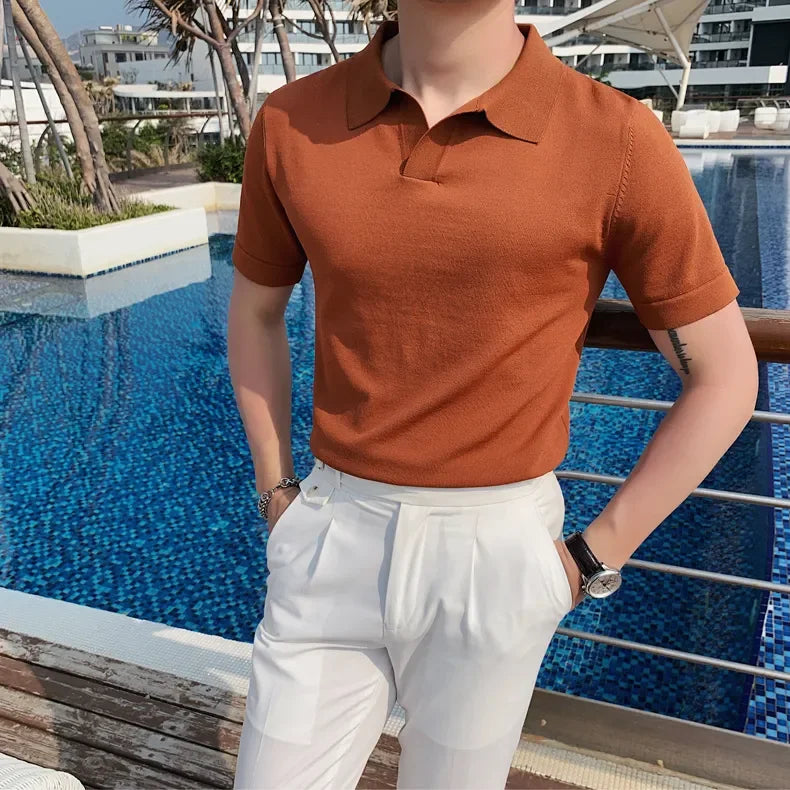 Summer Loose Casual Short-sleeved Polo Collar Solid Color Knitted Top Knitted Pullover T-shirt for Men