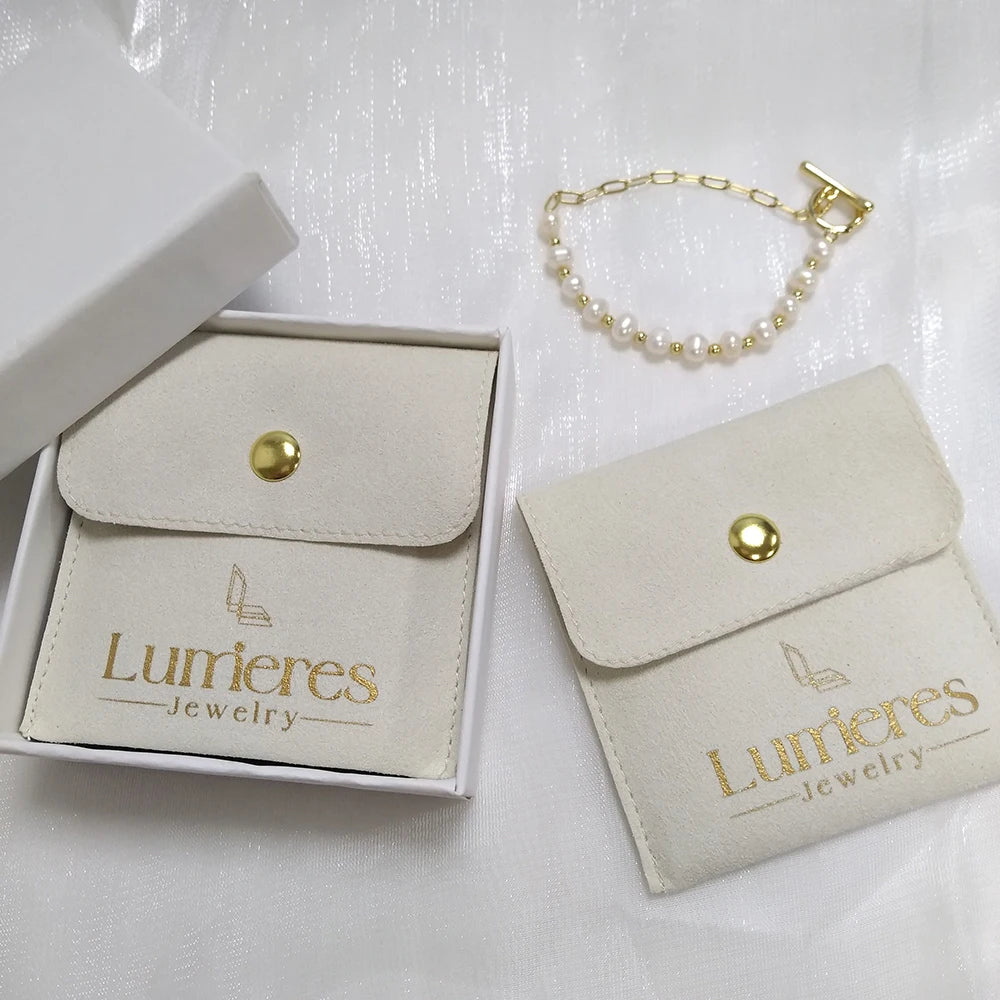 New Custom Logo Snap Ivory Suede Microfiber Jewelry Earring Pouch with Box and Insert Pad for Gift