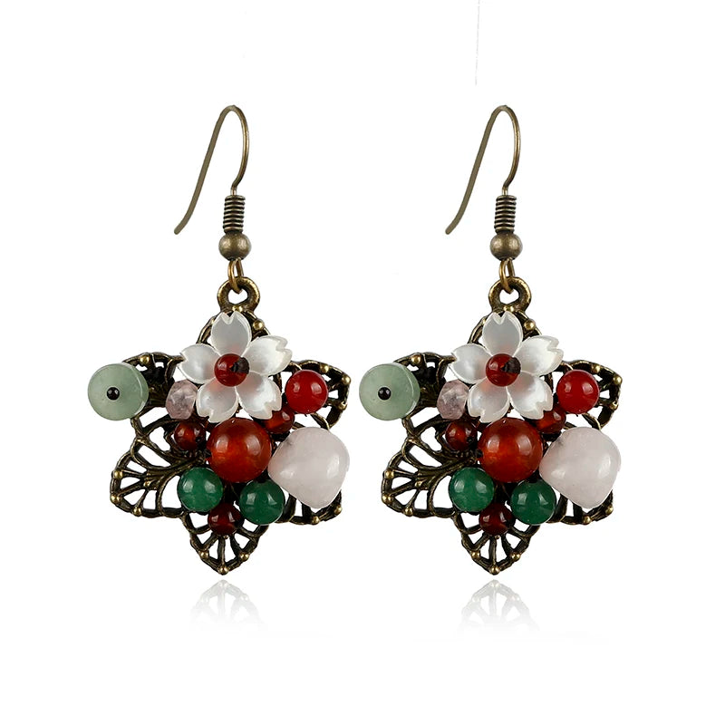 Wholesale Bohemian Ethnic Pink Crystal Korean Handmade Retro Luxury Agate Beaded Cute Stars Pendant Earrings for Wedding