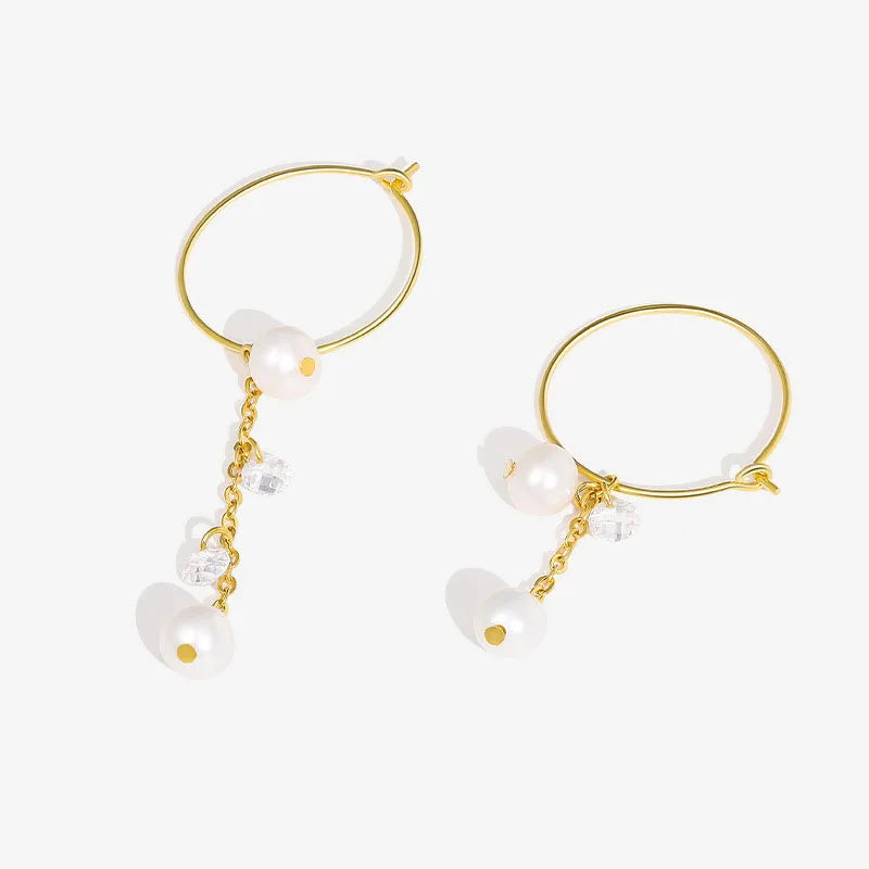 Crystal 18k Gold Plated 925 Sterling Silver Asymmetric Pearl Tassel Eardrop Earring