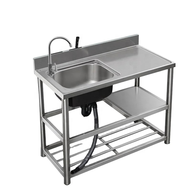 Hot Selling 120*50*80cm Stainless Steel 201/304 Sink 3 Compartment Handmade Solid Oak Wood Style Polished Glossy Surface Finish