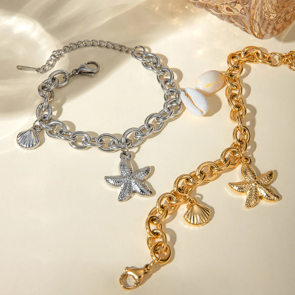 YF3812 Stainless Steel Waterproof Summer Ocean Jewelry Set 18k Gold Plated Shell Starfish Pendant Women Bracelet