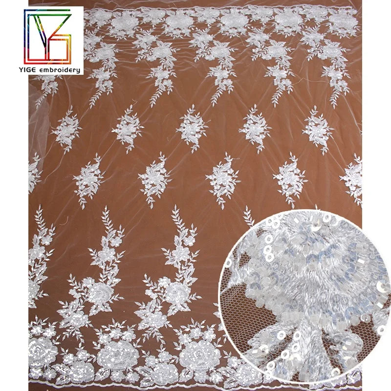 Hot Sale Products White Gorgeous Dignity Luxury Beaded Sequins Flat Embroidery Tulle Bridal Lace Fabric for Dress