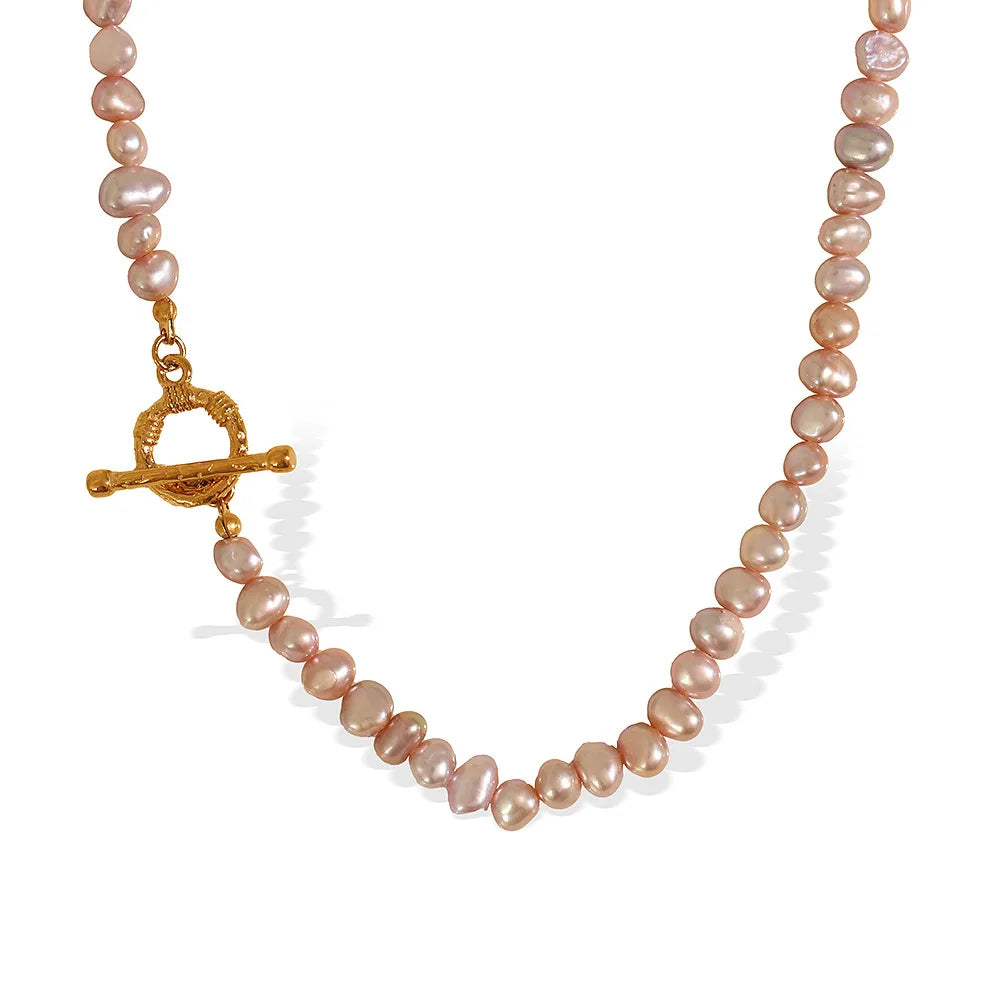 YF6072 Stainless Steel 18k Gold Plated OT Buckle Color Freshwater Pearl Short Necklace Waterproof