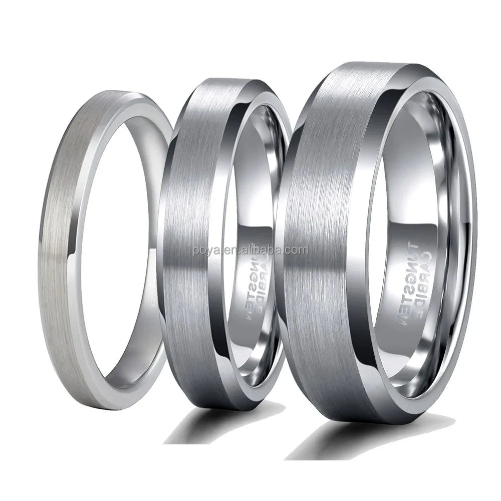 POYA Wholesale Simple Tungsten Wedding Band 8mm 6mm 4mm Silver Brushed Ring Beveled Polished Edge
