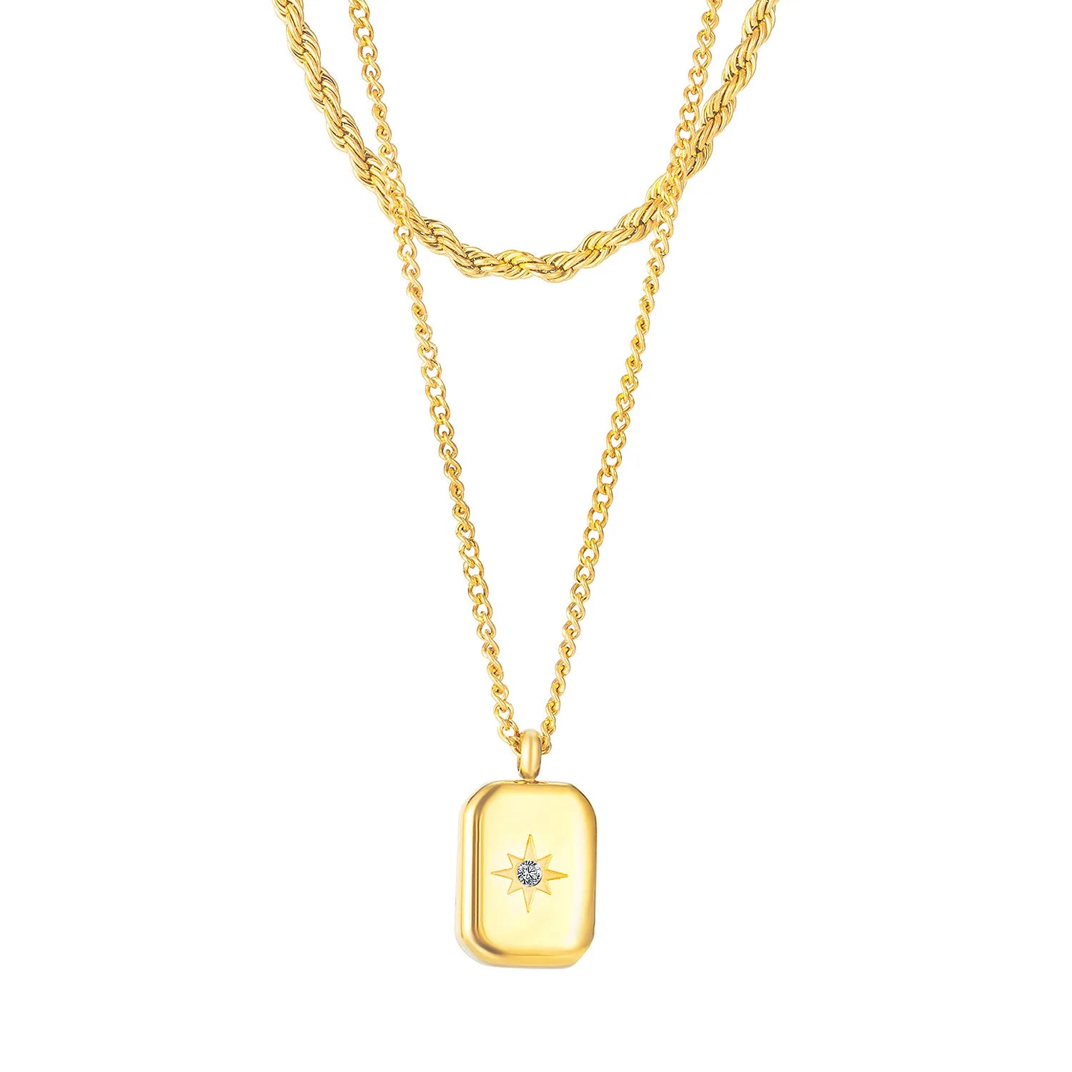 New Design Trendy Gold Plated Stainless Steel Double Chain Geometric Square Pendant Necklace for Party